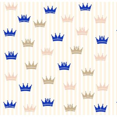 Imagem de Papel De Parede Adesivo Listras E Coroas Azul E Dourado Quarto Infanti