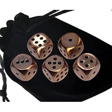 Imagem de Set of (5) Solid Zinc Alloy Metal Polished Finish 16mm Dice, Rounded Corners with Black Velvet Cloth Pouch (Antique Copper with Black Dot)