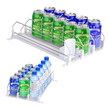 Imagem de MATUFF Organizador de bebidas para geladeira, botão de travamento automático para dispensador de refrigerante para geladeira, empurrador automático e largura ajustável, organizador de geladeira,