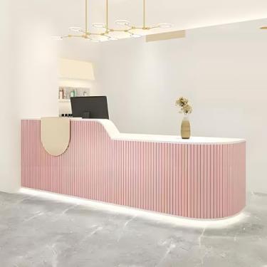 Imagem de Mesa de recepção moderna para recepção, balcão de caixa com gaveta com trava, sem necessidade de montagem, logotipo personalizável, mesa de recepção versátil para escritórios modernos (rosa 259 cm)