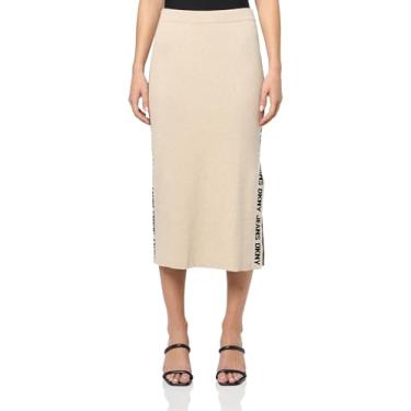 Imagem de DKNY Saia jeans feminina com logotipo midi canelada, Sândalo mesclado/preto, G