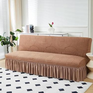 Imagem de Capa de futon sem braços com saia de babados, capa de sofá-cama futon altamente elástica, capa de sofá antiderrapante sem braços, tecido de veludo grosso, macio e aconchegante(Brown,Medium (160-190cm