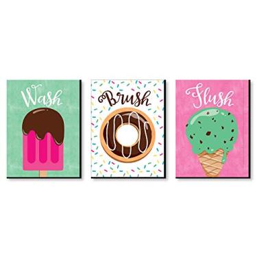 Imagem de Big Dot of Happiness Sweet Shoppe – Regras de banheiro infantil – 19 x 25 cm – Conjunto de 3 placas – Lavar, escovar, lavar
