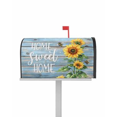 Imagem de Futuregrace Capas de caixa de correio magnéticas grandes 53 x 64 cm decorações de caixa de correio externa vintage girassol abelha aquarela azul grão de madeira capas de caixa postal magnética