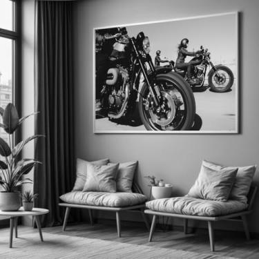Imagem de Quadro com Moldura Sala Quarto 90x60 Motos Harley Preto e Branco Decorativo Horizontal Grande Hall
