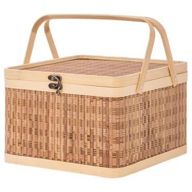 Imagem de Cesta de frutas Cesta de frutas cesta de armazenamento de ovos portátil piquenique pequeno decorativo bambu tecido cesta tampa tampa tecido servindo cestas para casa Tigela de cesta de frutas(28X28X19