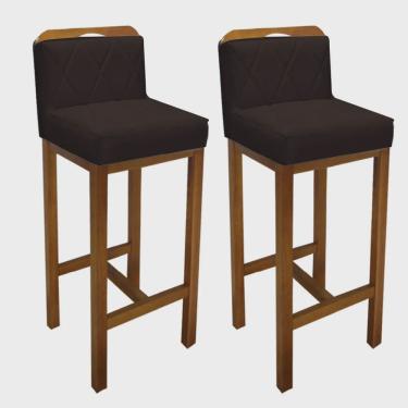 Imagem de Kit 02 Banqueta Alta Com Encosto Simon Cozinha Balcão Bistrô Base Madeira Carvalho Corino Marrom - Ahz Móveis