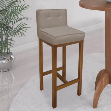 Imagem de Banqueta Alta Com Encosto Alba Balcão Bistrô Base Madeira Castanho Tecido Sintético Bege- Ahz Móveis