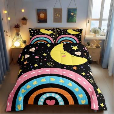 Imagem de Manfei Jogo de cama solteiro com estampa de arco-íris preto, lua e estrelas, decoração de quarto de crianças, céu estrelado colorido, reversível, edredom engraçado, 2 peças