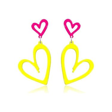 Imagem de Brincos de coração neon para mulheres, retrô, acrílico, duplo, vazado, coração, anos 80, 90, roupa para mulheres, acessórios de festa, presente, 2.8*7.4cm, Acrílico, Sem pedra preciosa