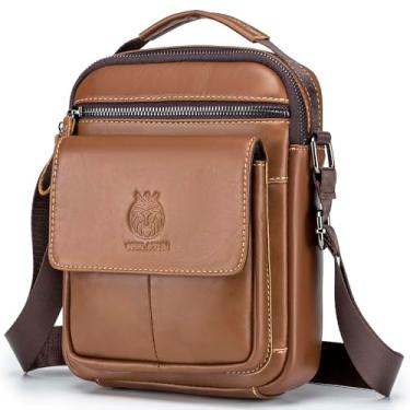Imagem de SCHLATUM Bolsa mensageiro de couro pequena para homens, bolsa transversal, bolsas de ombro masculinas bolsa de mão masculina de couro, Marrom
