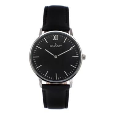 Imagem de Peugeot Relógio masculino ultrafino de 40 mm, prata com mostrador preto, redondo, minimalista, mostrador fácil de ler e pulseira de couro genuíno