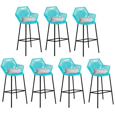 Imagem de Kit 07 Banqueta Alta Com Encosto Sttar Ferro Preto Fibra Azul Turquesa Almofada Suede Branco