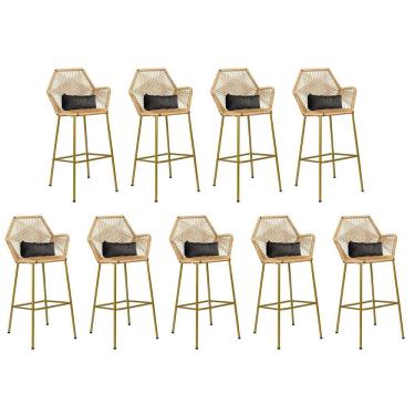 Imagem de Kit 09 Banqueta Alta Com Encosto Sttar Ferro Dourado Fibra Palha Almofada Suede Cinza