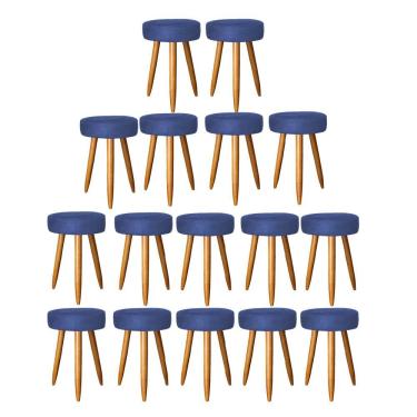 Imagem de Kit 16 Banqueta Alta Julia 50Cm Bar Cozinha Bistrô Pé Palito Caramelo Tecido Sintético Azul Marinho