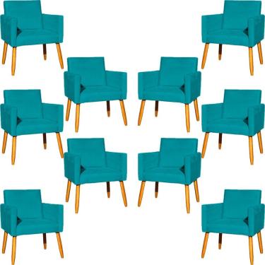 Imagem de Kit 10 Poltronas Decorativa Para Sala Nina Pé Palito 30cm Castanho Azul-turquesa Suede