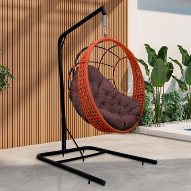 Imagem de Cadeira Balanço Ninho Suspenso Em Corda Náutica Luxo Com Suporte Ocre-marrom