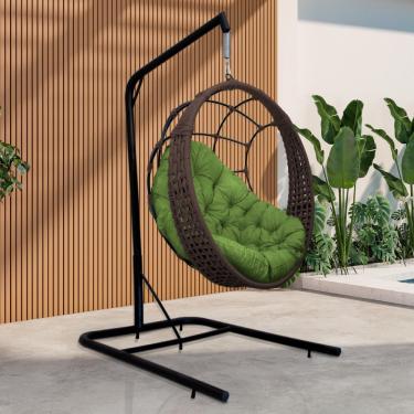 Imagem de Cadeira Balanço Ninho Suspenso Em Corda Náutica Luxo Com Suporte Marrom-verde