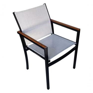 Imagem de Poltrona Cadeira De Jantar Amélia Tela Sling E Alumínio Com Braço Detalhe Madeira Branco