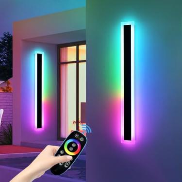 Imagem de Mikeru Luminárias De Parede Led Rgb Longas E Alargadas, Pacote Com 2 Arandelas 23,6 Polegadas, Rgb/Quente/Branco Regulável, Luz Para Varanda Frontal Externa, À Prova D'Água Ip65, Controle Remoto
