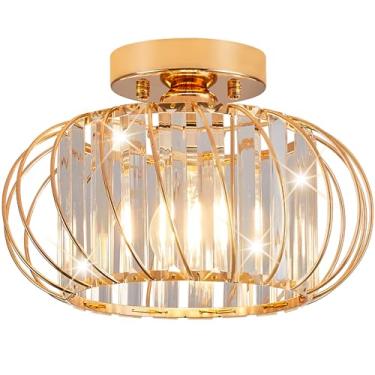 Imagem de Vechoicy Luminária De Teto Semi-Embutida, Luminárias Corredor Com Gaiola Metal 11", Fazenda Dourada, Lustre Cristal Industrial Para Corredor, Banheiro E Cozinha (Dourado 11")