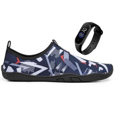 Imagem de Kit Sapatilha Aquática Aqua01 Para Praia Caique Rio Pesca Cinza+ Relóg