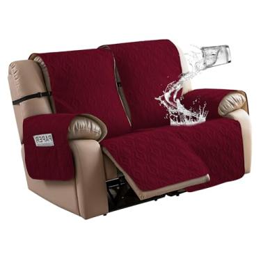 Imagem de Genina Capa de sofá poltrona reclinável antiderrapante, capa de sofá para sofá reclinável 2 assentos, capas de poltrona dupla capa protetora de móveis reclináveis com tiras elásticas para animais de estimação (vinho tinto, poltrona reclinável)