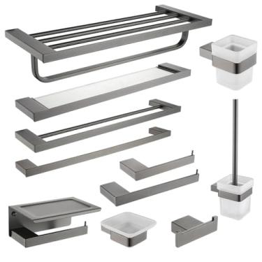 Imagem de Conjunto de banheiro cinza metálico - Toalheiro, prateleira e saboneteira - Aço inoxidável, conjunto completo