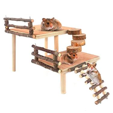 Imagem de Brinquedos de escalada de hamster de madeira com dois níveis, plataforma de atividades de playground para hamster com ponte, brinquedos de mastigar madeira de maçã para animais de estimação pequenos