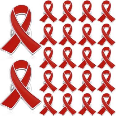 Imagem de 25 pinos de fita vermelha a granel para conscientização sobre HIV AIDS, prevenção de drogas, conscientização de doenças cardíacas, alfinetes de conscientização de fita vermelha para homens, mulheres e
