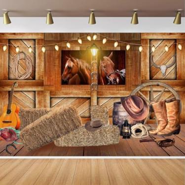 Imagem de CapiSco Fundo de estábulos de caubói ocidental para crianças, adultos, tema caubói selvagem, decorações de festa de aniversário, cavalo caubói, rodas antigas, guitarra leve, homem do oeste selvagem