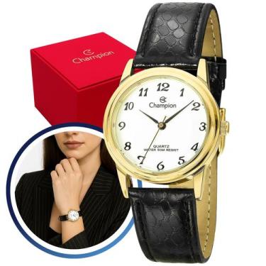 Imagem de Relógio Champion Feminino Pequeno Dourado Original Pulseira Couro Pret