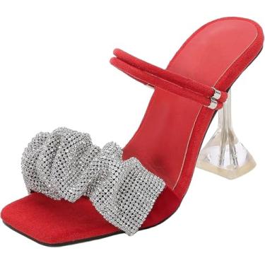 Imagem de 9 Cm / 3,54 In Temperamento Feminino Personalidade Uma Palavra Cinto Strass Cabeça Quadrada Peep Toe Wedges Sandálias Salto Alto Sapatos De Corte Pole Dance Stripper Party, Red, 43 EU