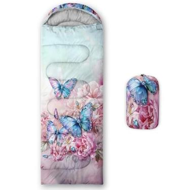Imagem de QOOMO Sacos de dormir para acampamento com estampa de borboleta floral, 3 estações, clima quente e frio, leve, sacos de dormir à prova d'água para adultos e crianças, viagens e ao ar livre