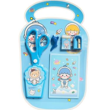 Imagem de Kit Infantil com Tesoura, Bloquinho, Borracha, Apontador e Ponta de Lápis – Acessórios Divertidos para Meninos, Perfeitos para Escola e Brincadeiras (Azul)