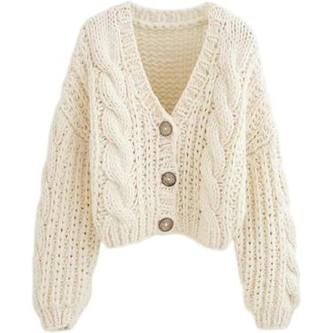 Imagem de Tops De Malha Grossa Feitos à Mão Moda Feminina Suéter De Malha Curta Retrô De Manga Comprida Jaqueta Feminina, Beige, One Size