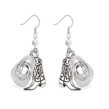 Imagem de Dreuyet Wrangler Brincos de pérola ocidental rústica Couture brincos em forma de ferradura em forma de U brincos pendentes country concho brincos chapéu bota brincos declaração joias para mulheres,