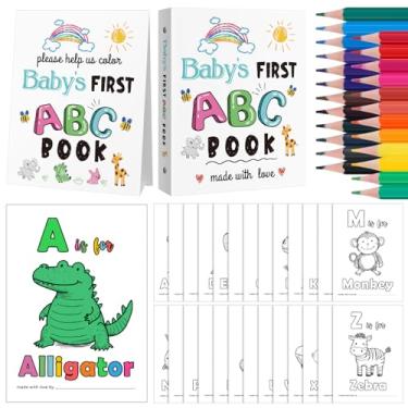 Imagem de Sinload Baby's First ABC Book Baby Shower Keepsake Game Activity, Livro de visitas para colorir do alfabeto, cartões de colorir do alfabeto A a Z com 24 lápis de cor, lembrança interativa para