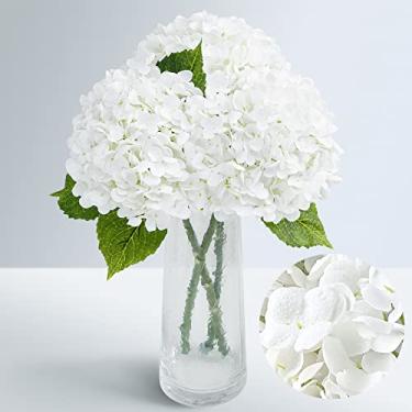 Imagem de Waipfaru Flores artificiais de hortênsia branca de toque real de 53 cm com haste longa e folhas, flores de hortênsia sintética de látex completo para decoração de casa, arranjos florais de festa, buquês de casamento, peças centrais, 3 peças