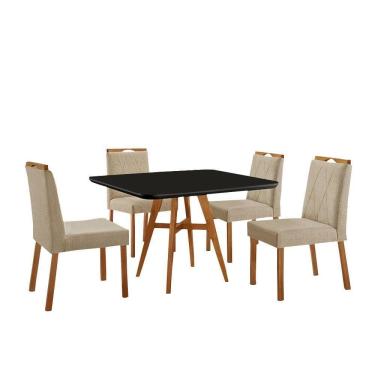 Imagem de Conjunto Sala De Jantar Mesa Atenas Madeira Maciça 90x90cm Tampo Quadrado Vidro Preto Com 4 Cadeiras Bela Linho Bege