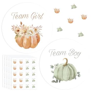 Imagem de Honoson 100 peças Boho Pumpkin Gender Reveal Stickers 5 cm laranja verde equipe menino ou menina adesivos de papel ele ou ela adesivos de papel para chá de bebê revelação de gênero suprimentos de