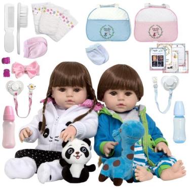 Imagem de 2 Boneca Reborn Gêmeos Casal Enxoval Completo Panda Girafa - Cegonha R