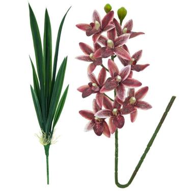 Imagem de Haste Orquídea 3d Cymbidium Vinho Bordô E Folhagem 58cm - Mc Flores