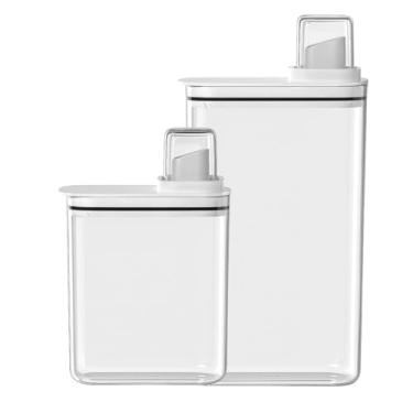 Imagem de Kit 2 Dispenser Porta Sabão 1,5L + 2,3L Flow Ou com Bico e Tampa Dosadora – Multiuso Lavanderia (Branco)