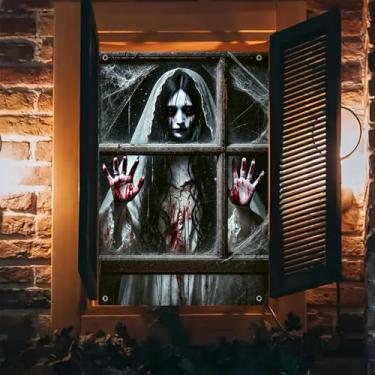 Imagem de BlissYard Capa de janela assustadora, 78 x 129 cm, pôster fantasma de noiva sangrenta assustadora, decoração de parede de Halloween, para casa assombrada, terror, para ambientes internos e externos