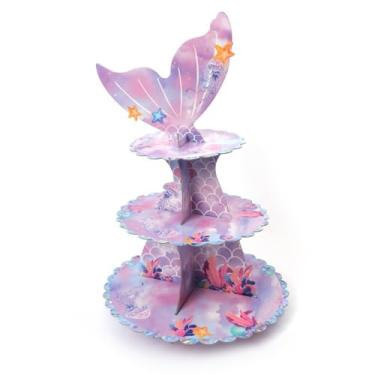 Imagem de BUHUA Suporte de cupcake de sereia de 3 camadas, suporte de bolo de festa para decoração de aniversário, lembrancinhas, tema submarino, suporte de bolo de chá de bebê, suporte de sobremesa para