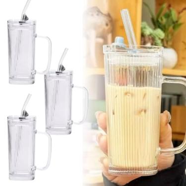 Imagem de Conjunto 3 Copos Com Canudo Tampa Alça Suco Vedação Silicone Vidro Canelado Frizado 250ml Grafiato Reutilizáveis Café Gelado Ideal Cerveja Uísque Presente Copo