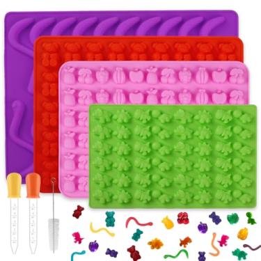Imagem de Kit de 4 moldes de silicone para doces, molde antiaderente para doces de chocolate com 2 conta-gotas, incluindo dinossauro, urso, minhoca de goma e lembrancinhas de festa DIY