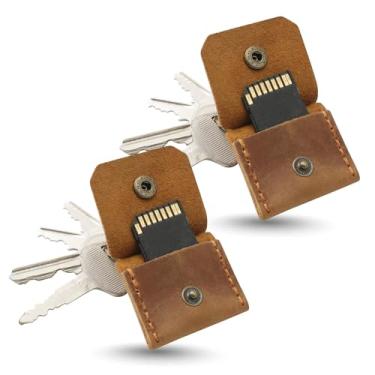 Imagem de Jack&Chris Chaveiro de couro genuíno com suporte para cartão SD, antichoque, antipoeira, acessórios de câmera portáteis para cartões SD CF CFexpress Micro SD Nano SIM e Micro SIM, amarelo, marrom