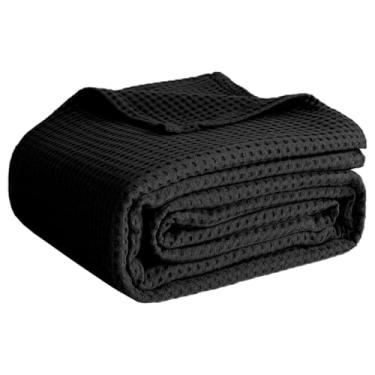 Imagem de Cobertores Queen Size 100% algodão para cama - Cobertores de trama waffle para o verão, cobertor de tecido macio leve e respirável para primavera, branco, 227 x 234 cm (preto, manta (127 cm x 152 cm))
